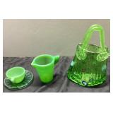 Green Glass Decorative Basket, Creamer, and Teacup
