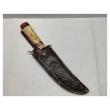 Fixed Blade Knife with Leather Sheath and Bone Han