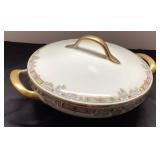 Limoges Bowl With Lid and Gold Handles, 9 1/2 Inch