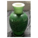 Green Glass Vase with Etched Design, Approximately
