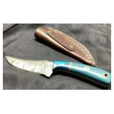 Handcrafted Knife with Blue Handle and Leather She