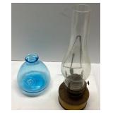 Blue Glass Base, Lamp Chimney, and Metal Oil Lamp