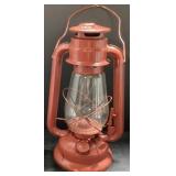 Red Metal Lantern with Glass Globe, 12 Inches Tall