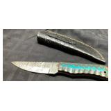 Damascus Steel Knife with Etched Leather Sheath, 8