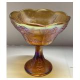 Amber Carnival Glass Compote with Grape and Cable