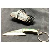 Small Keychain Knife with Leather Sheath and Green