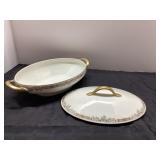 Oval Lidded Serving Dish With Gold Accents and Flo