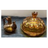 Amber Glass Small Pitcher and Covered Plate Set