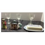 Ceramic and Glassware Lot Including Figurine, Butt