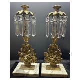 French Girandole Brass Candlesticks with Prisms an