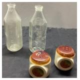 Two Vintage Pyrex Bottles and Two Ceramic Southwes
