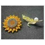 Gold-Tone Sunflower and Wheat Lapel Pins with Pear