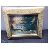 Framed Landscape Painting Depicting Bridge and Aut