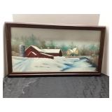 Framed Winter Landscape Painting with Red Barn, Ap