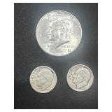 Three U.S. Silver Coins: 1964 Half Dollar and Two