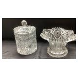 Pressed Glass Lidded Jar and Footed Vase with Deco