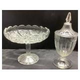Two Pressed Glassware Pieces: Compote and Lidded D
