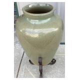 Large Green Glazed Ceramic Vase with Metal Stand