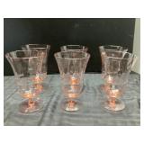 Six Pink Glass Goblets With Ribbed Base and Fluted