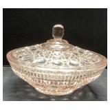 Pink Pressed Glass Lidded Dish with Geometric Desi
