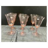 Six Pink Glass Stemware Goblets with Etched Design