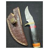 Damascus Steel Hunting Knife with Leather Sheath