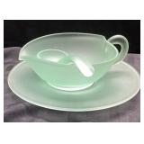 Vintage Frosted Green Glass 3-Piece Sugar Bowl Set