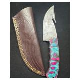 Damascus Steel Gut Hook Knife with Multicolor Hand