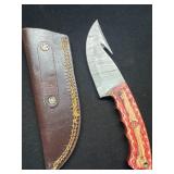 Damascus Gut Hook Blade Knife with Leather Sheath