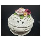 White Porcelain Lidded Bowl with Floral Accents an