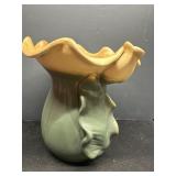 Green and Brown Ceramic Vase with Ruffled Rim and
