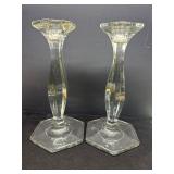 Clear Glass Candlestick Holders with Hexagonal Bas