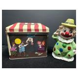 Clown-Themed Metal Tin and Ceramic Figurine Set