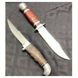 Two Fixed-Blade Knives with Leather-Grip Handles