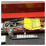 Vintage 19-Inch Red Tool Box With Misc Hand Tools