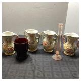 4 Brazil Flowered Vases, Red Cup & Tall Vase