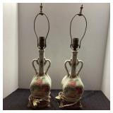 Pair Porcelain Floral Table Lamps, 22 Inches Tall