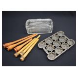 LOT- Federal Glass Dish, Cast Iron Muffin Pan +