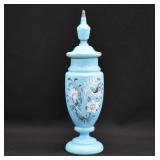 French Blue Opaline Enameled Glass Vase with Lid