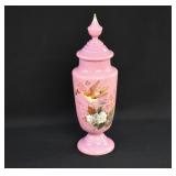 Victorian Pink Opaline Enameled Glass Vase w/ Lid