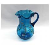 Victorian Enameled Blown Blue Glass Pitcher