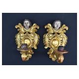 Pair Antique Carved Gilt Wood Cherub Sconces