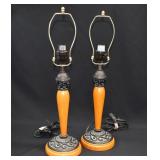 2 Turned Wood Black Finish Metal Table Lamps