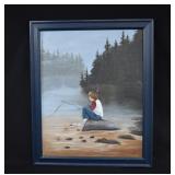 C. Manuel Acrylic Painting BOY ON ROCK FISHING