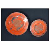2- Japanese Eiraku Silver on Red Porcelain Plates