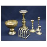 Box Lot of Brass- Candlesticks, Toast Rack etc