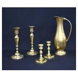 Assortment of Brass Candlesticks & Pitcher