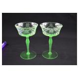 2 Green Vaseline Uranium Glass Champagne Coupes