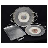 3 Faberware Lrg Wrought Aluminum & Porcelain Trays