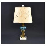 Vintage Blue Art Glass & Brass Table Lamp